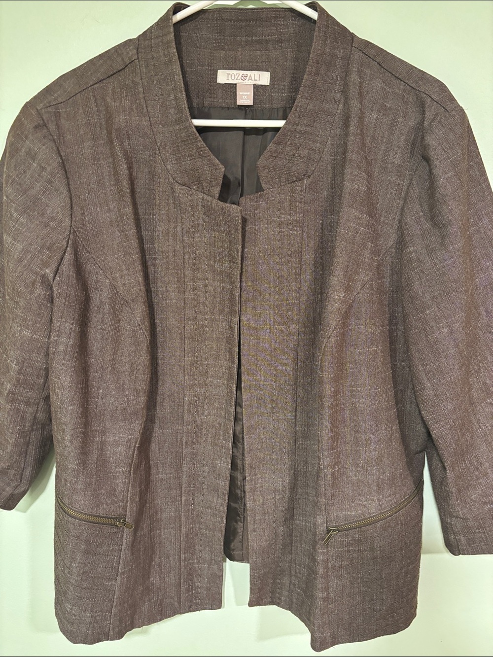 Roz & Ali Chocolate Brown Textured Open-Front Blazer